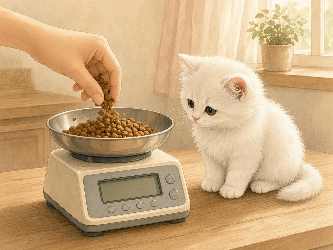 一隻手把乾飼料倒進電子秤上的碗，白色幼貓在旁邊看