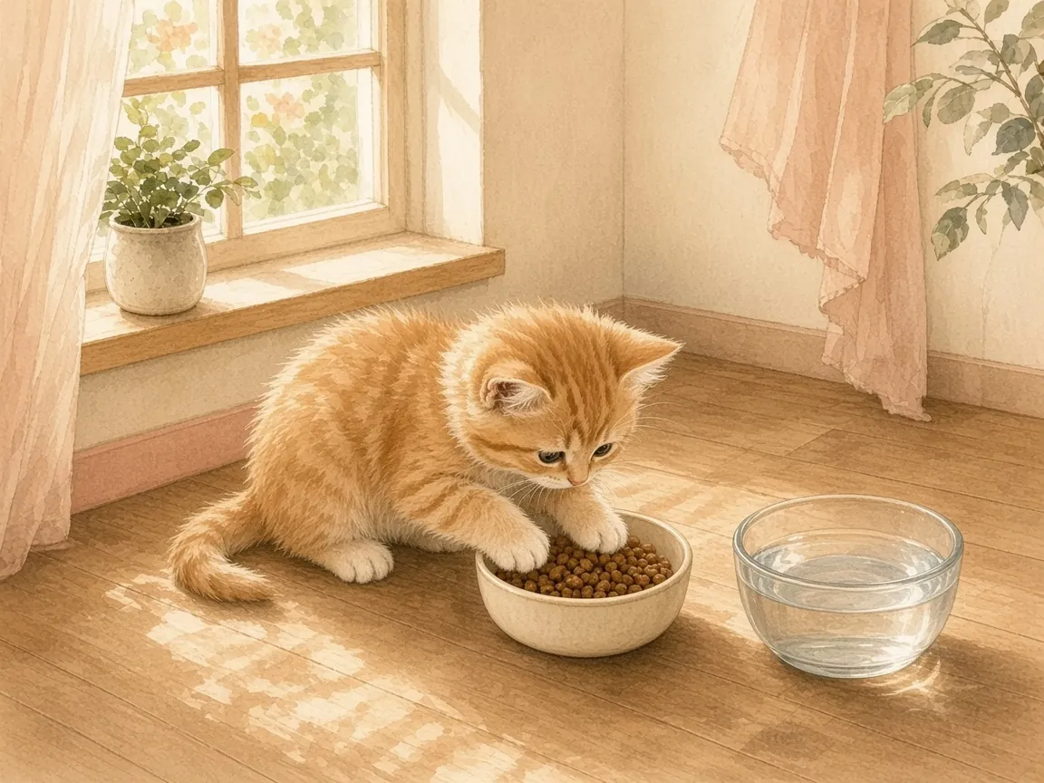 橘色幼貓身旁放著乾飼料碗與玻璃水碗