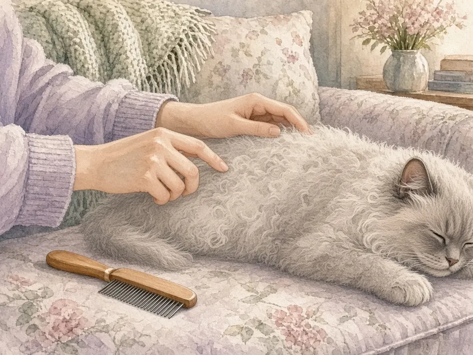 飼主用手指輕輕撥鬆灰色塞爾凱克的捲毛，旁邊放著梳子