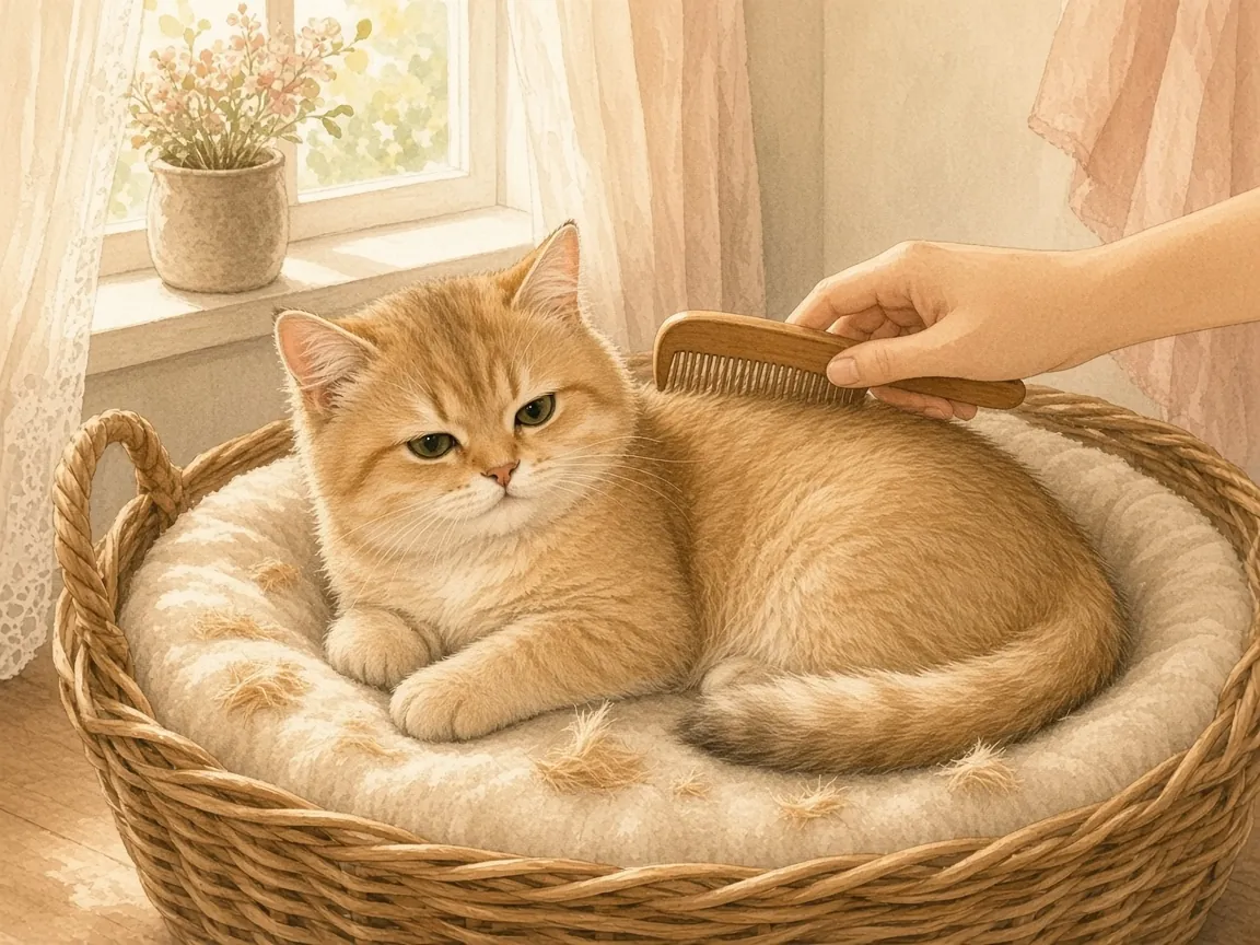 飼主用梳子替躺在藤籃裡的金漸層英短梳毛