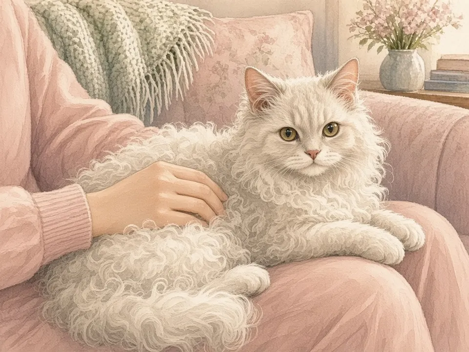 奶油白捲毛的塞爾凱克窩在飼主腿上，飼主的手輕放在牠背上